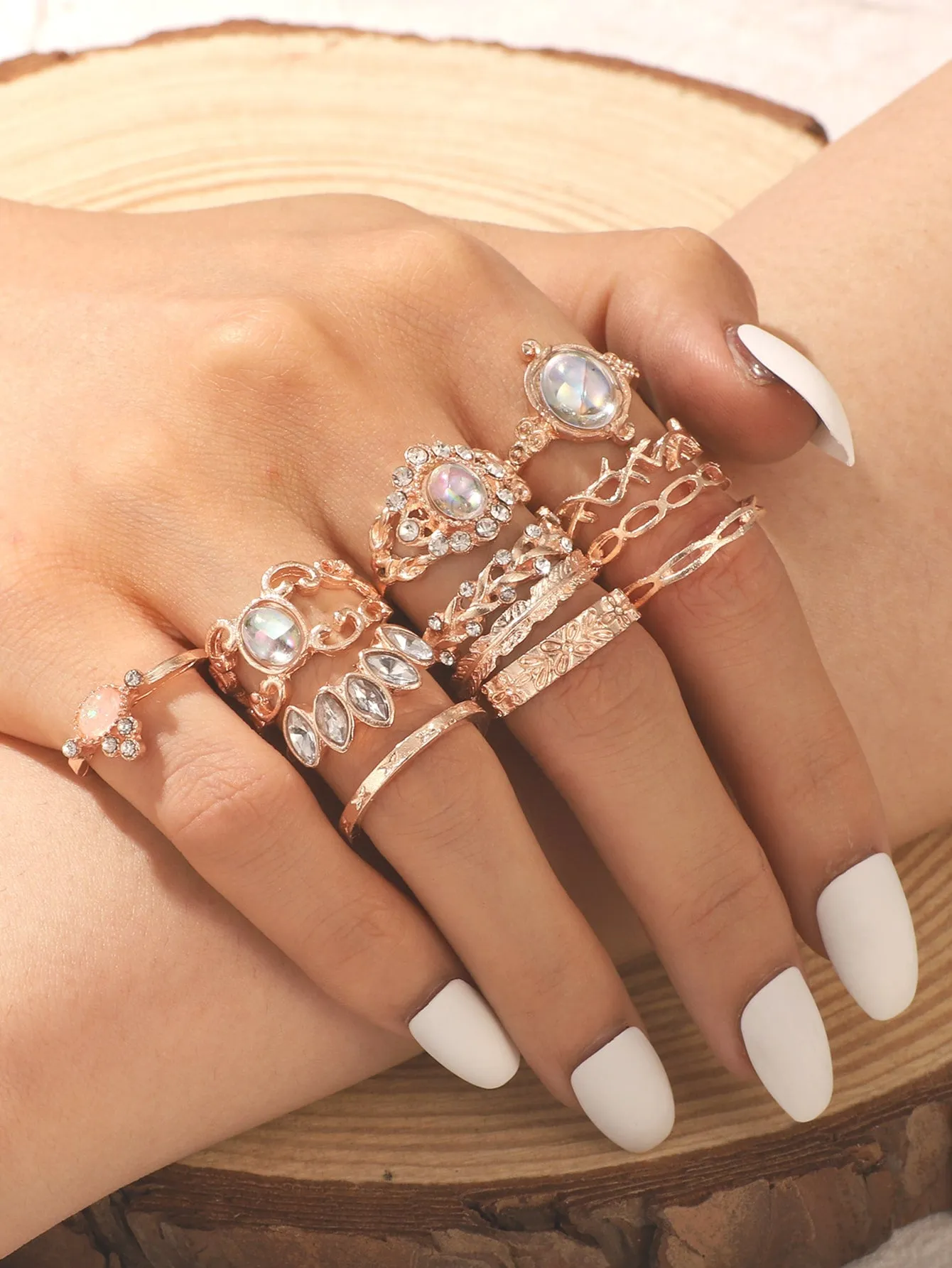 12pcs Rhinestone Decor & Leaf Design Rings