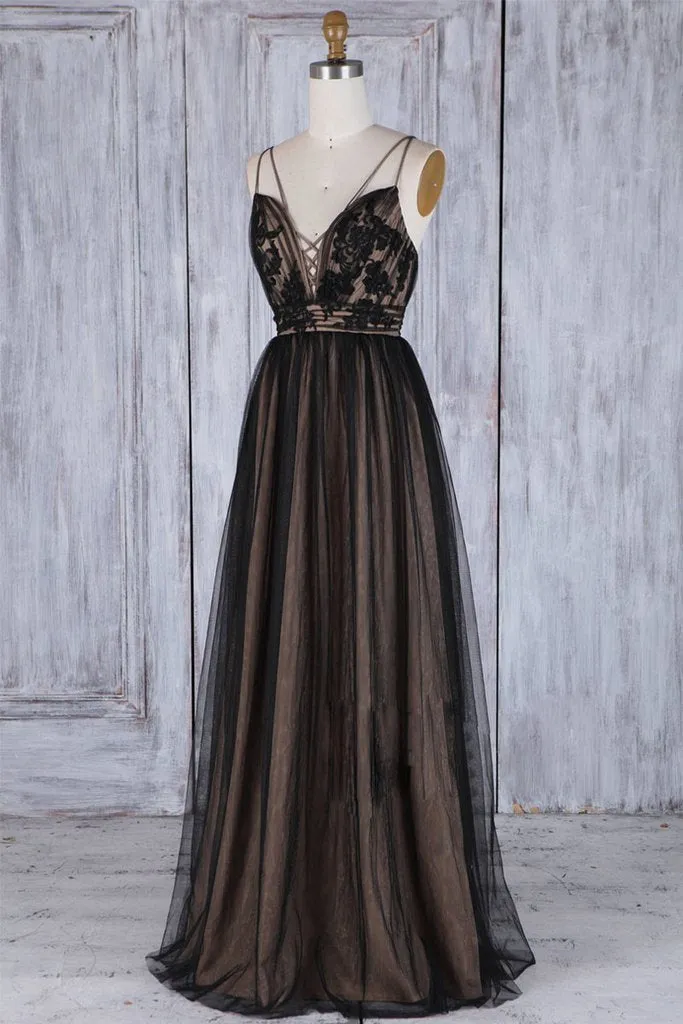 A Line Black Tulle V Neck Backless Lace Appliques Prom Dresses Simple Evening Dresses JS874