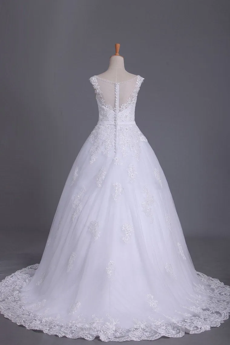 A Line Cap Sleeve Scoop Tulle Wedding Dresses With Applique And Sash