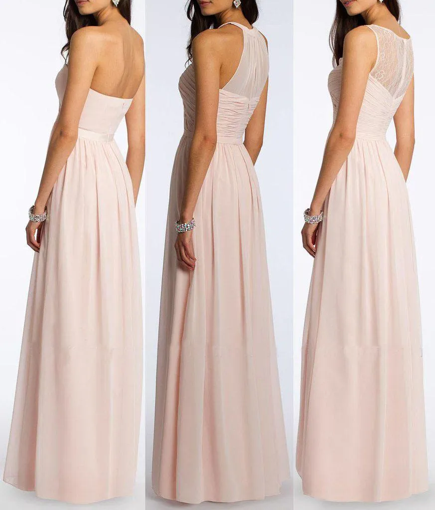 A Line Chiffon Blush Pink Formal Floor Length Cheap Bridesmaid Dresses Prom Dresses JS836