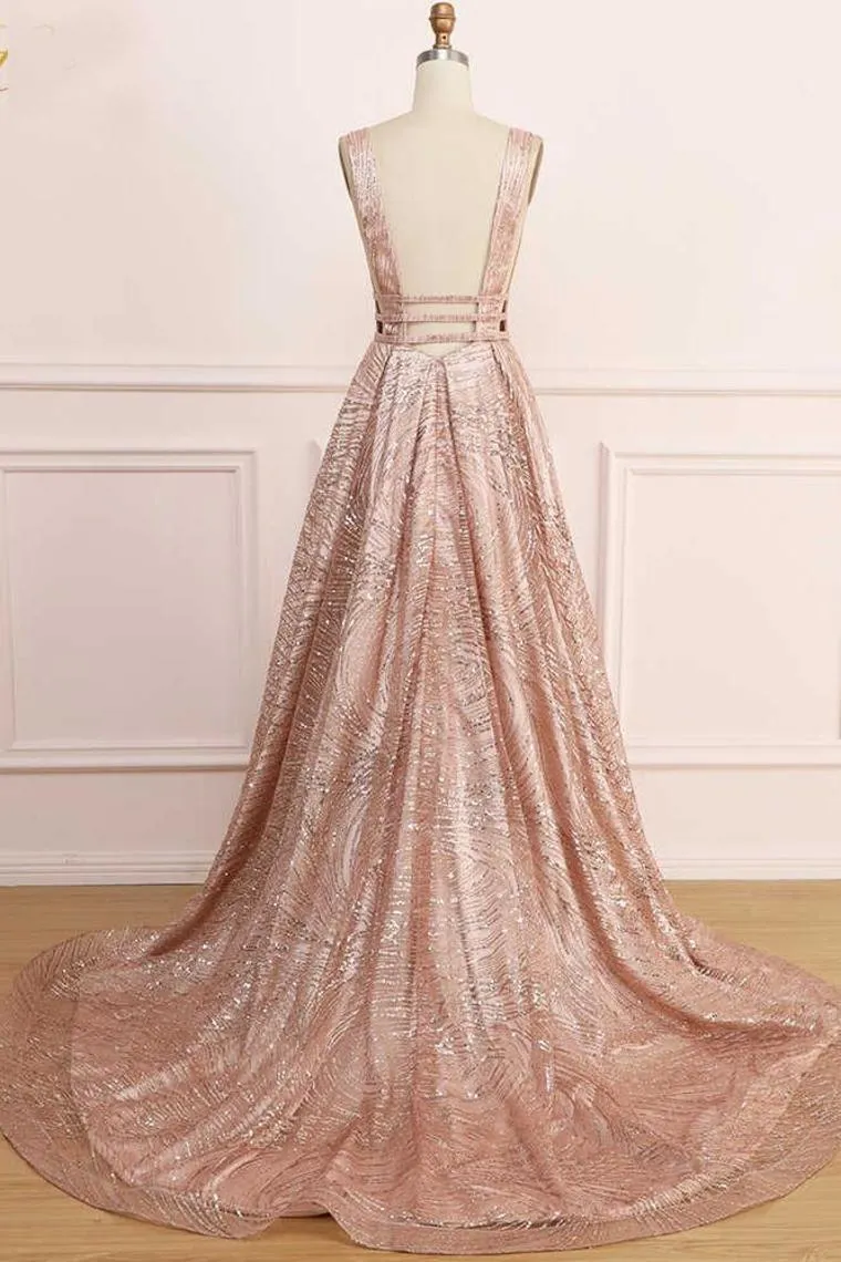 A Line Deep V Neck Long Prom Dress With Sequins, Glitter Sleeveless Evening Dress