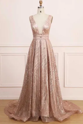 A Line Deep V Neck Long Prom Dress With Sequins, Glitter Sleeveless Evening Dress