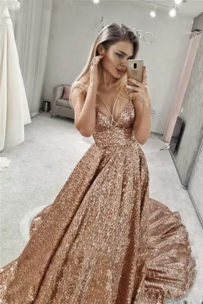 A Line Gold V Neck Sequin Long Prom Dress Long Cheap Evening Dresses JS849