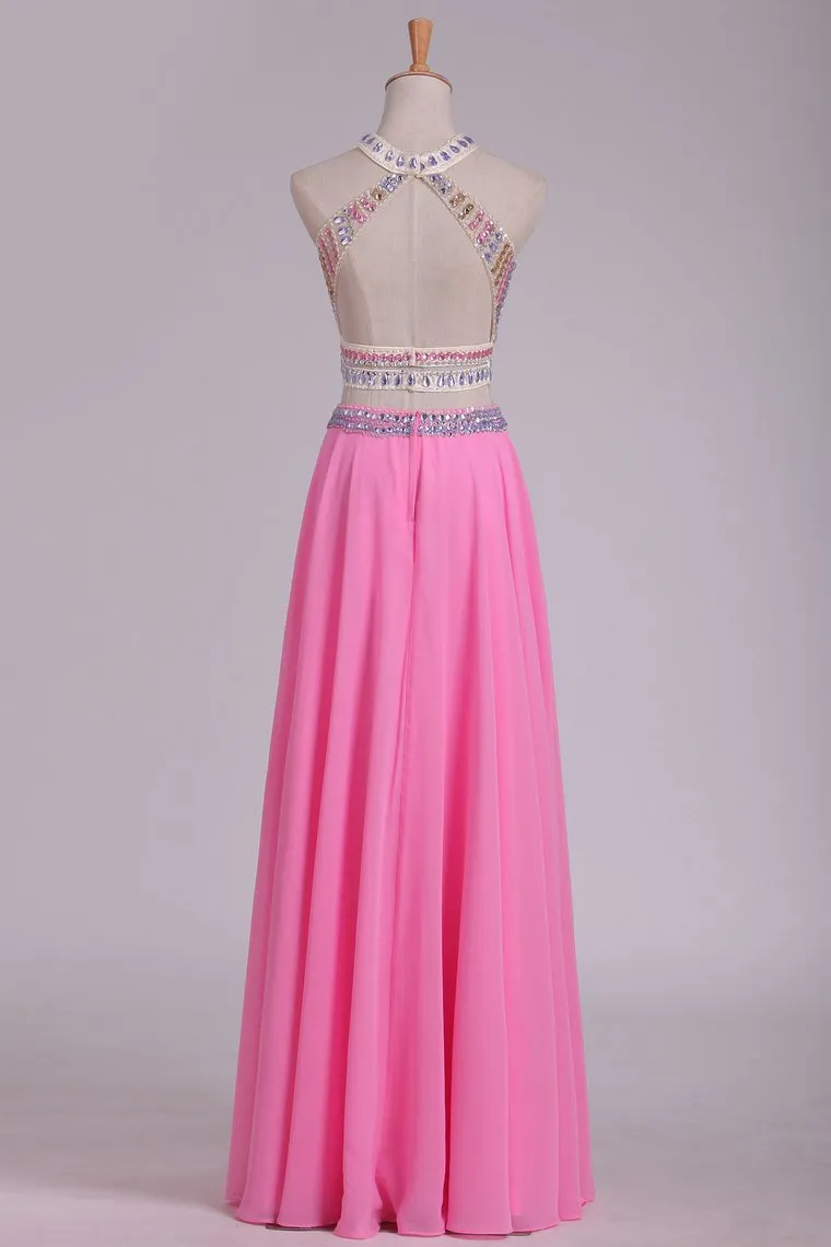 A Line Halter Open Back Two Pieces Beaded Bodice Chiffon & Tulle Prom Dresses