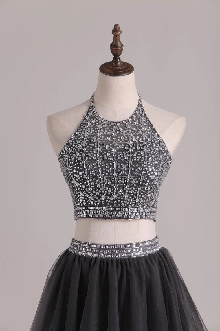 A Line Homecoming Dresses Halter Two-Piece Beaded Bodice Tulle Short/Mini