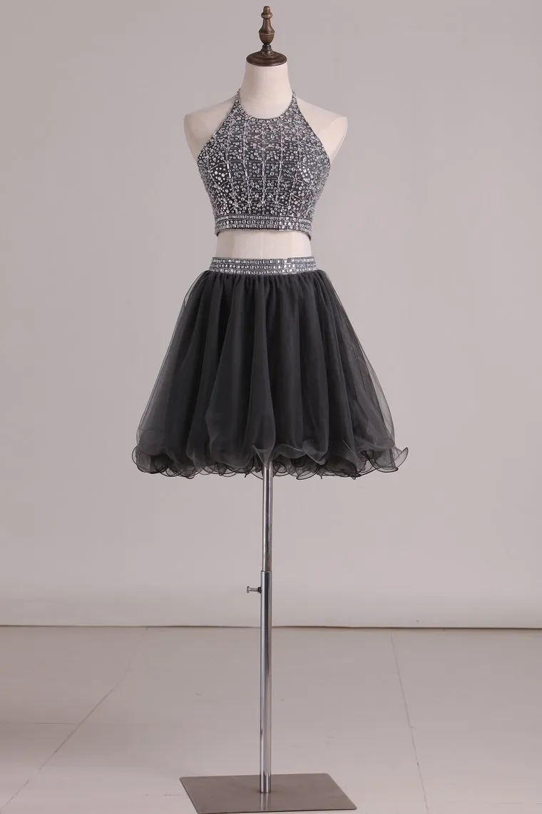 A Line Homecoming Dresses Halter Two-Piece Beaded Bodice Tulle Short/Mini