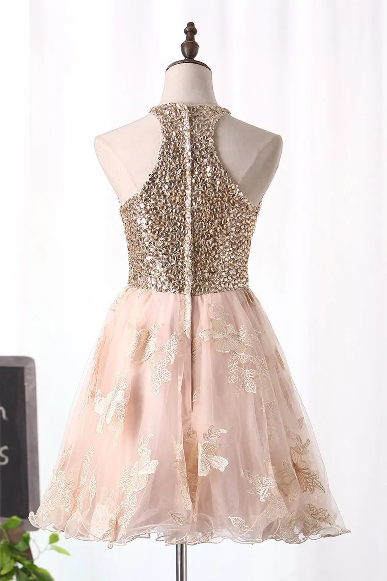 A Line Homecoming Dresses Scoop Tulle With Beads And Applique