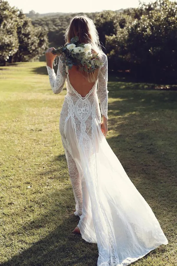 A line Ivory Long Sleeve Wedding Dresses Lace High Neck Wedding Gowns