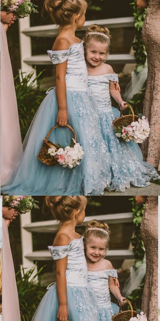 A-Line off-the-Shoulder Blue Tulle Flower Girl Dress ,Cheap Flower Girl Dresses ,FGY0229