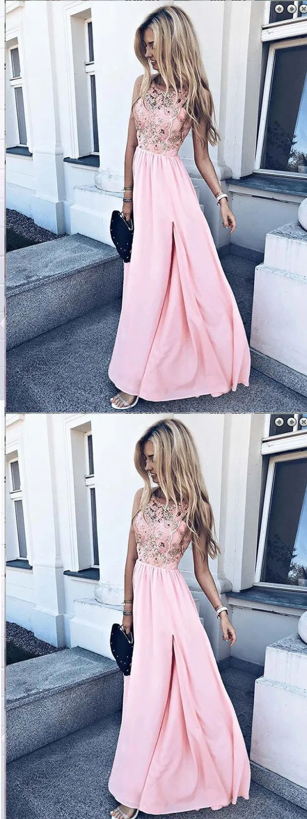 A-Line Round Neck Pink Chiffon Long Appliques Prom Dresses,Cheap Prom Dress,PDY0386