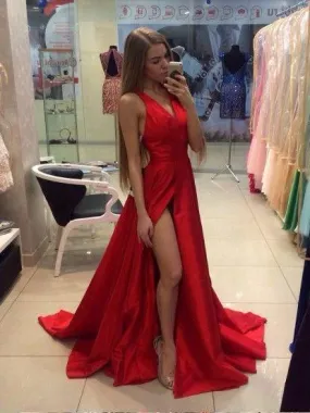 A-line V-neck Red Satin Prom Dresses ,Cheap Prom Dresses,PDY0427