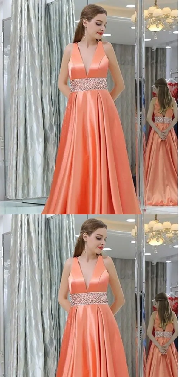 A-line V-neck V-back Orange Satin Long Evening Prom Dresses,Cheap Prom Dresses,PDY0504