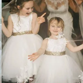 A-Line White Tulle Gold Sequined Lace Flower Girl Dress,Cheap Flower Girl Dresses ,FGY0222