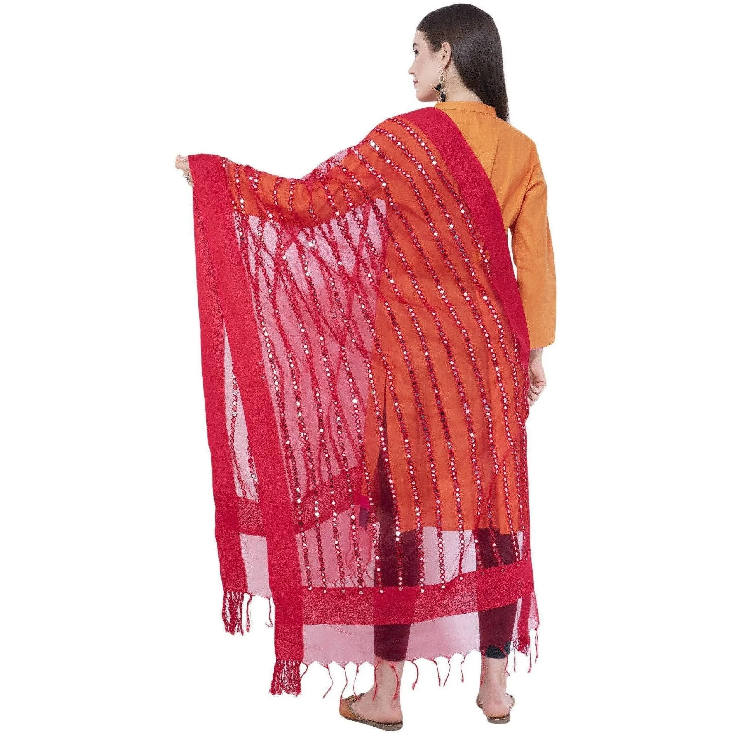 A R Silk Women's Heavy Mirror Work Orgenza Cotton Red Dupatta