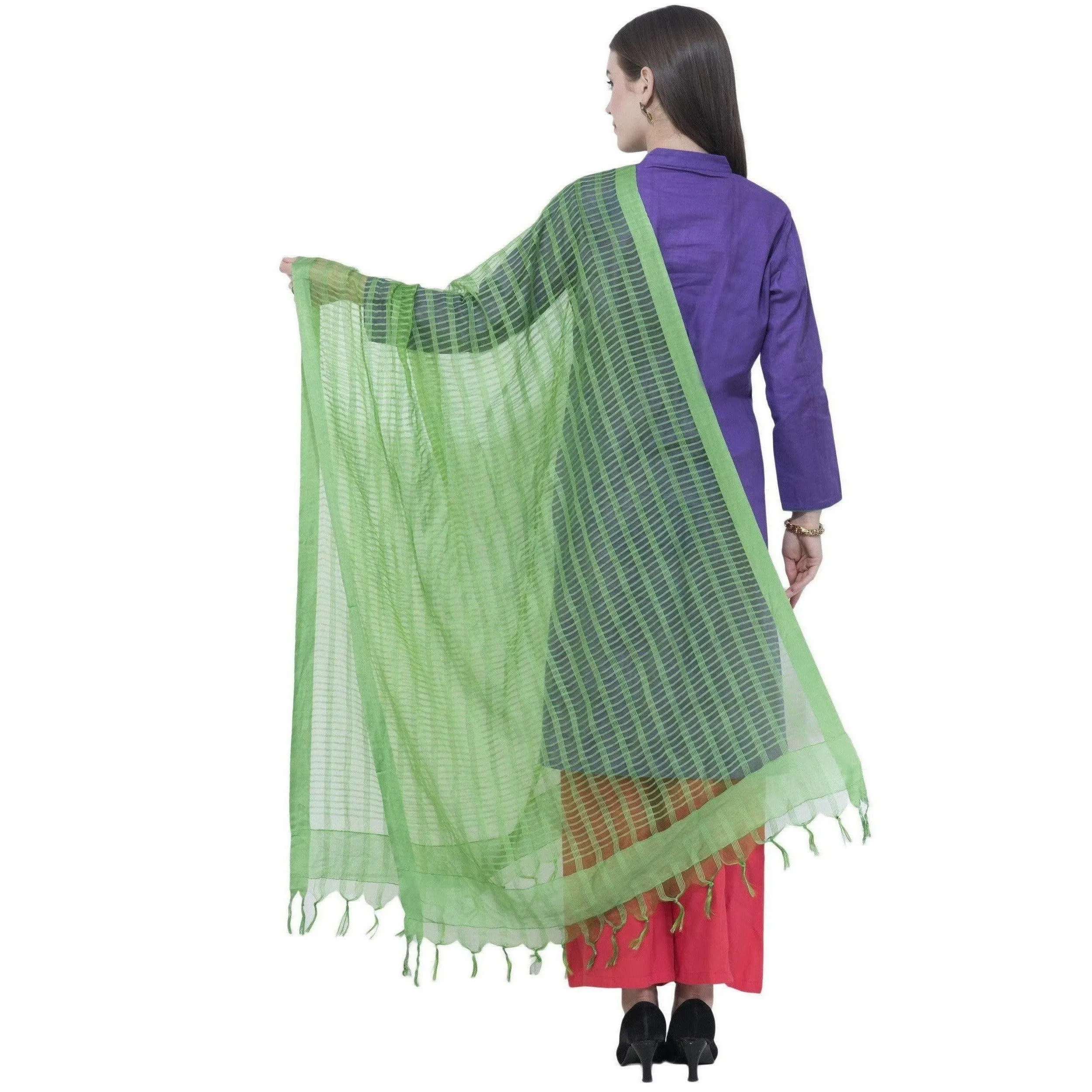 A R Silk Women's Self Check Cota Cotton Parrot Green Dupattas and Chunnis