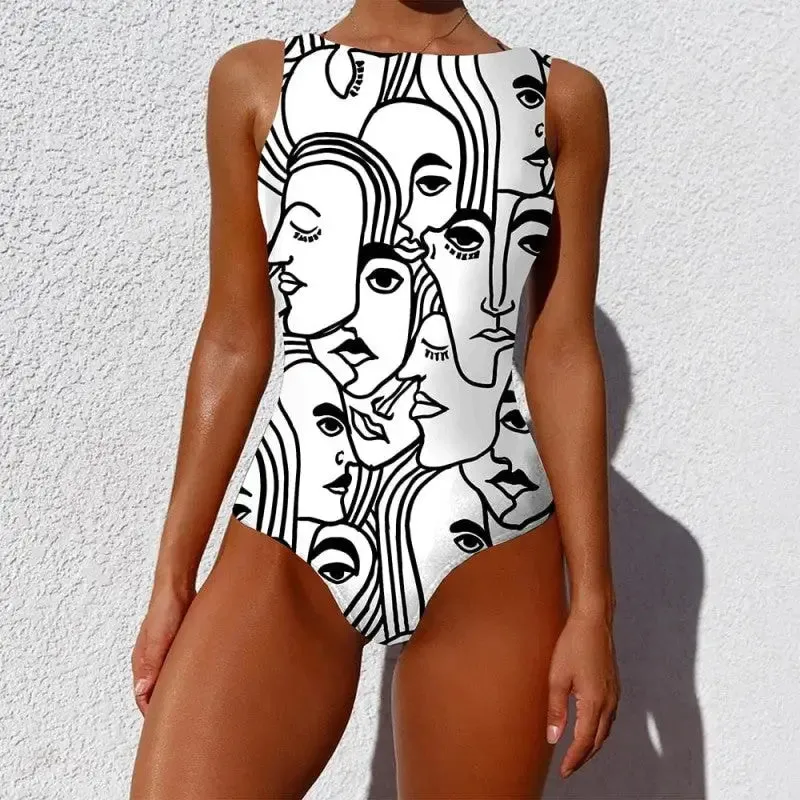 Abstract Black and White One-Piece Swimsuit