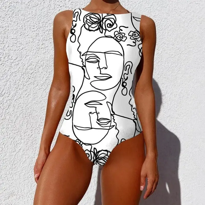 Abstract Black and White One-Piece Swimsuit