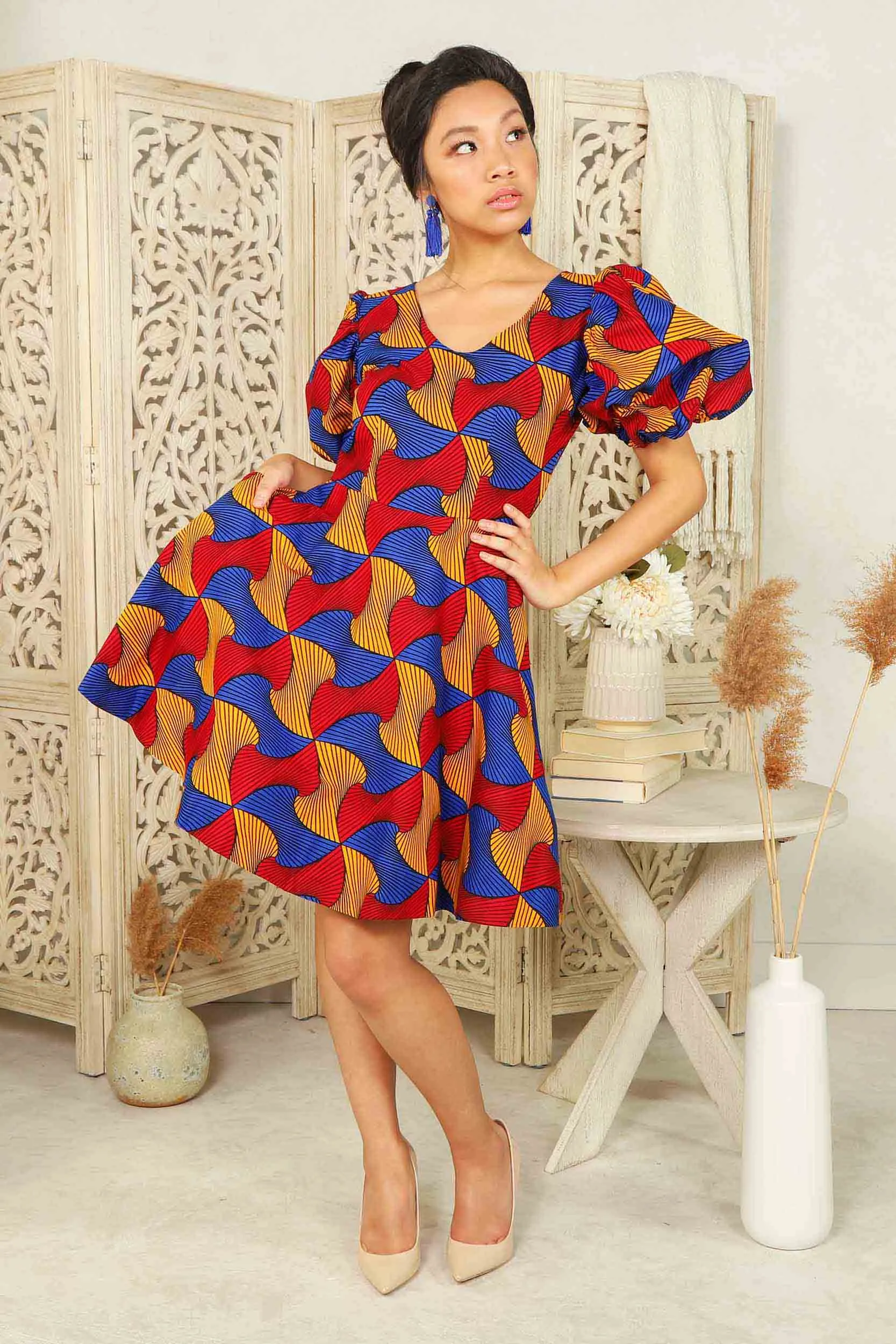 AICHA African Print Mini Dress (Puff Sleeves)