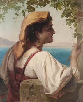 An Italian maiden mending nets on the Bay of Naples