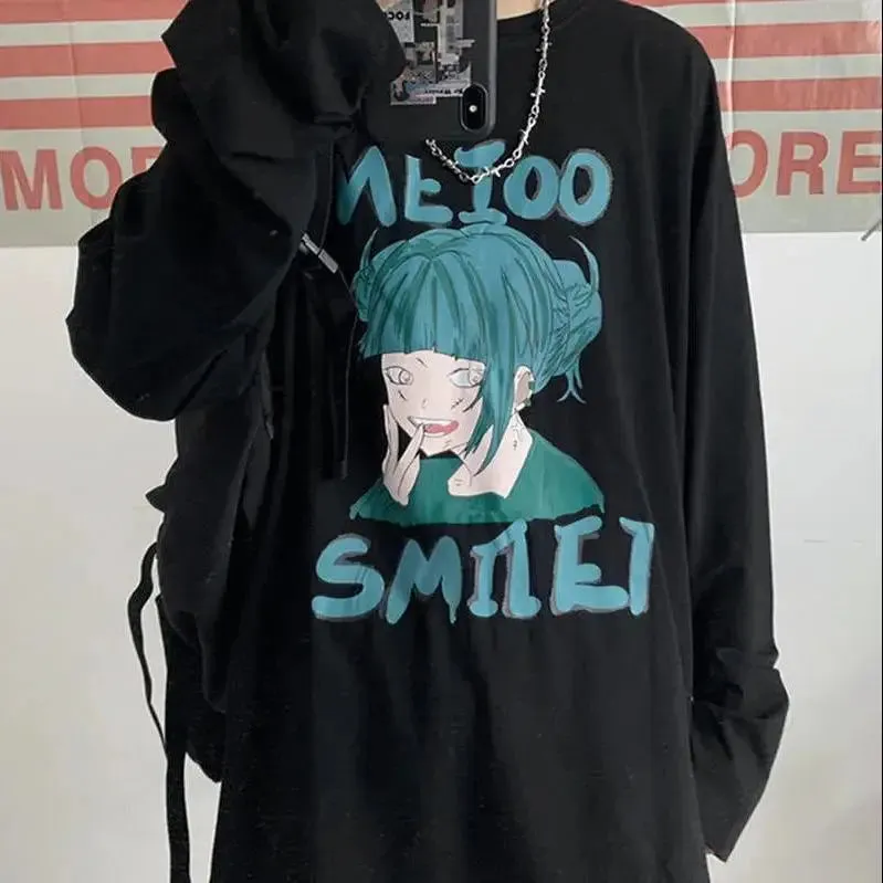 Anime and Happy Face Print Oversized Sweatshirt