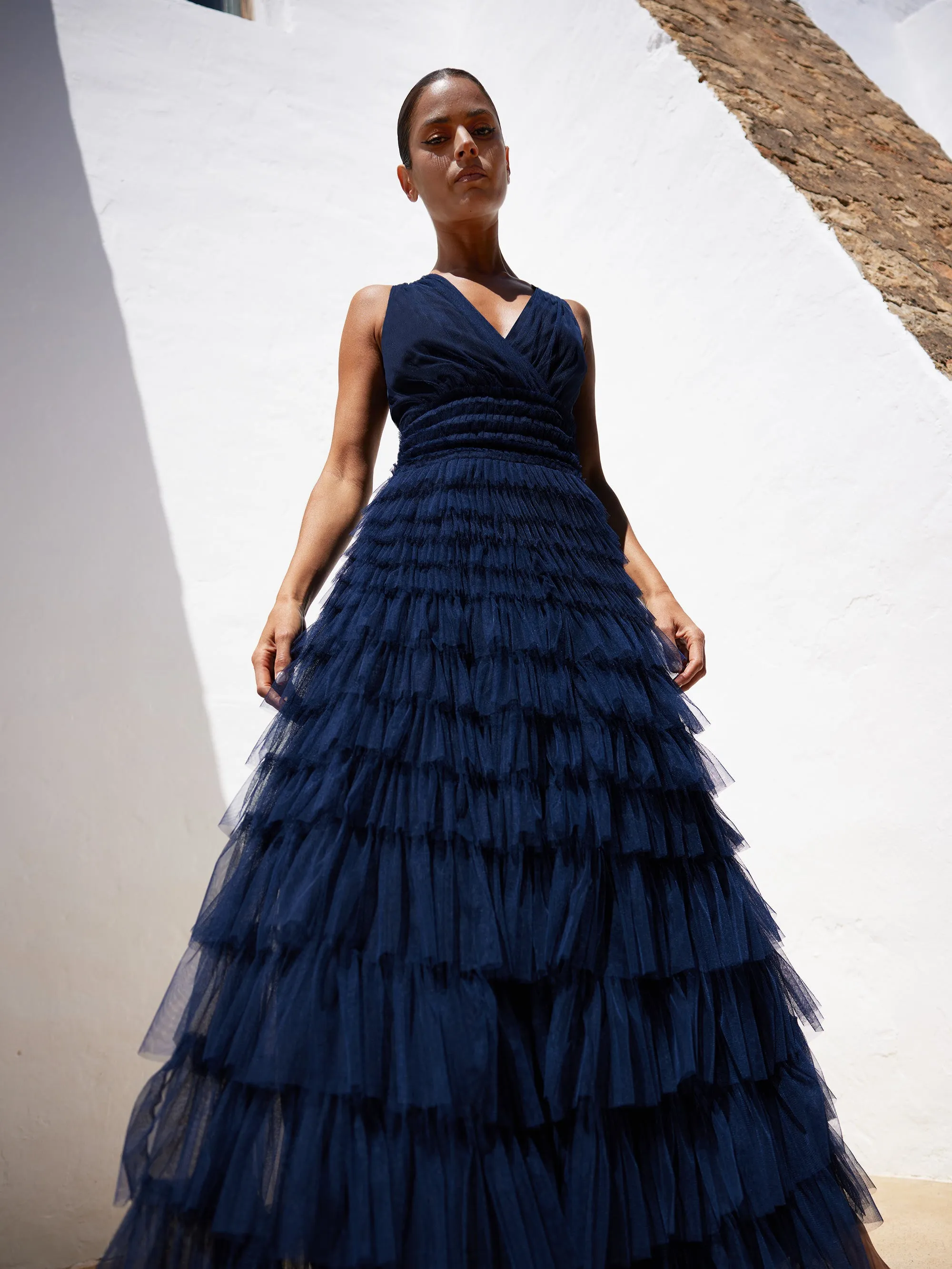 Anoushka Navy Tulle Tiered Maxi Dress