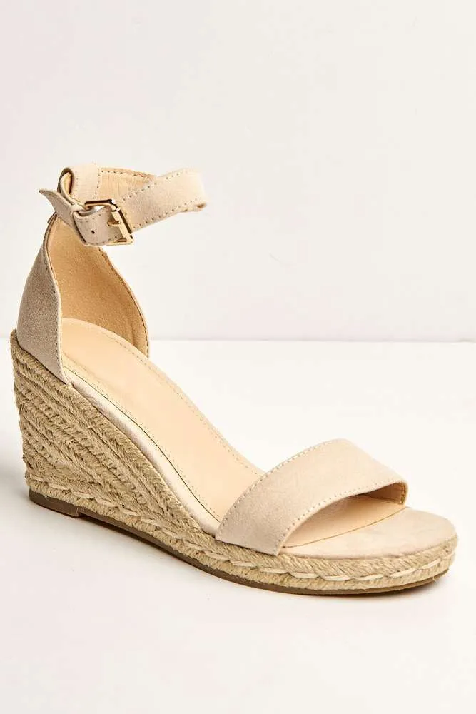 Aria Anklestrap Open Toe Wedges in Nude