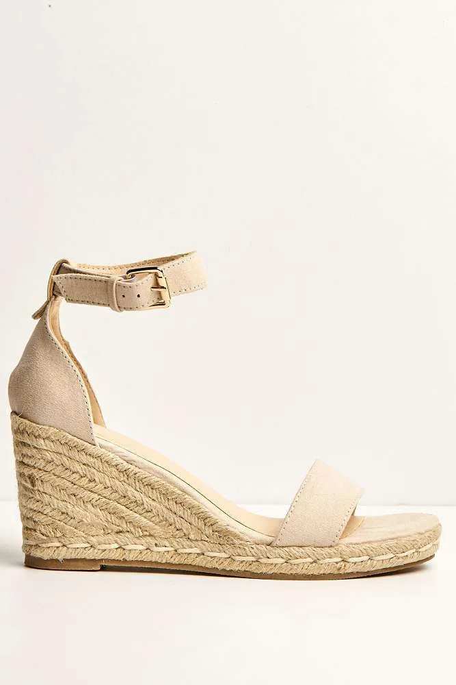 Aria Anklestrap Open Toe Wedges in Nude