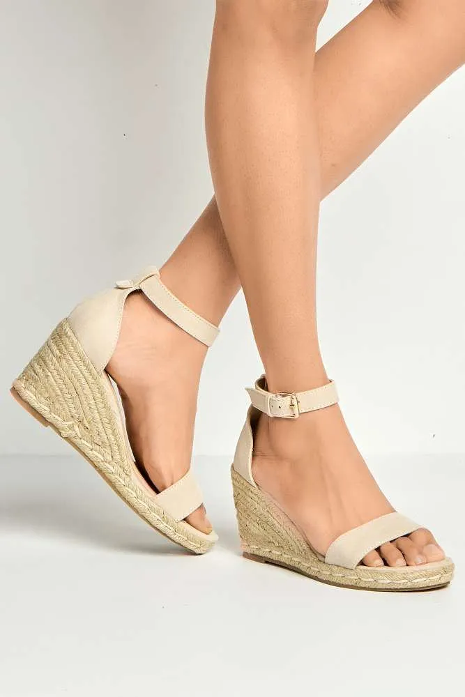 Aria Anklestrap Open Toe Wedges in Nude