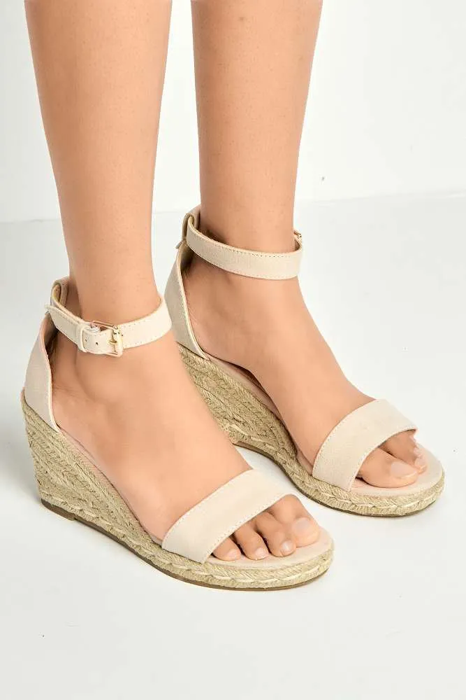 Aria Anklestrap Open Toe Wedges in Nude