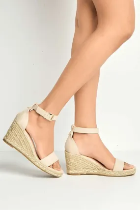 Aria Anklestrap Open Toe Wedges in Nude