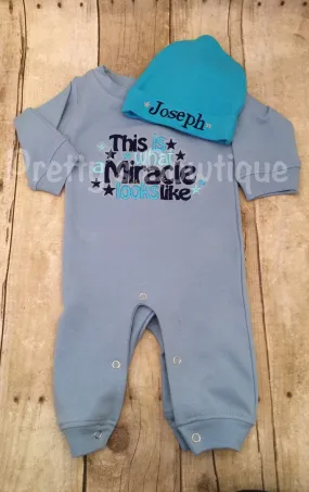 Baby Boy Outfit -- This is what a Miracle looks like Romper & Hat with Embroidered Name