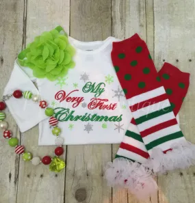 Baby girls 1st Christmas outfit - My Very First Christmas Set Shirt, Legwarmers, Headband, and Necklace