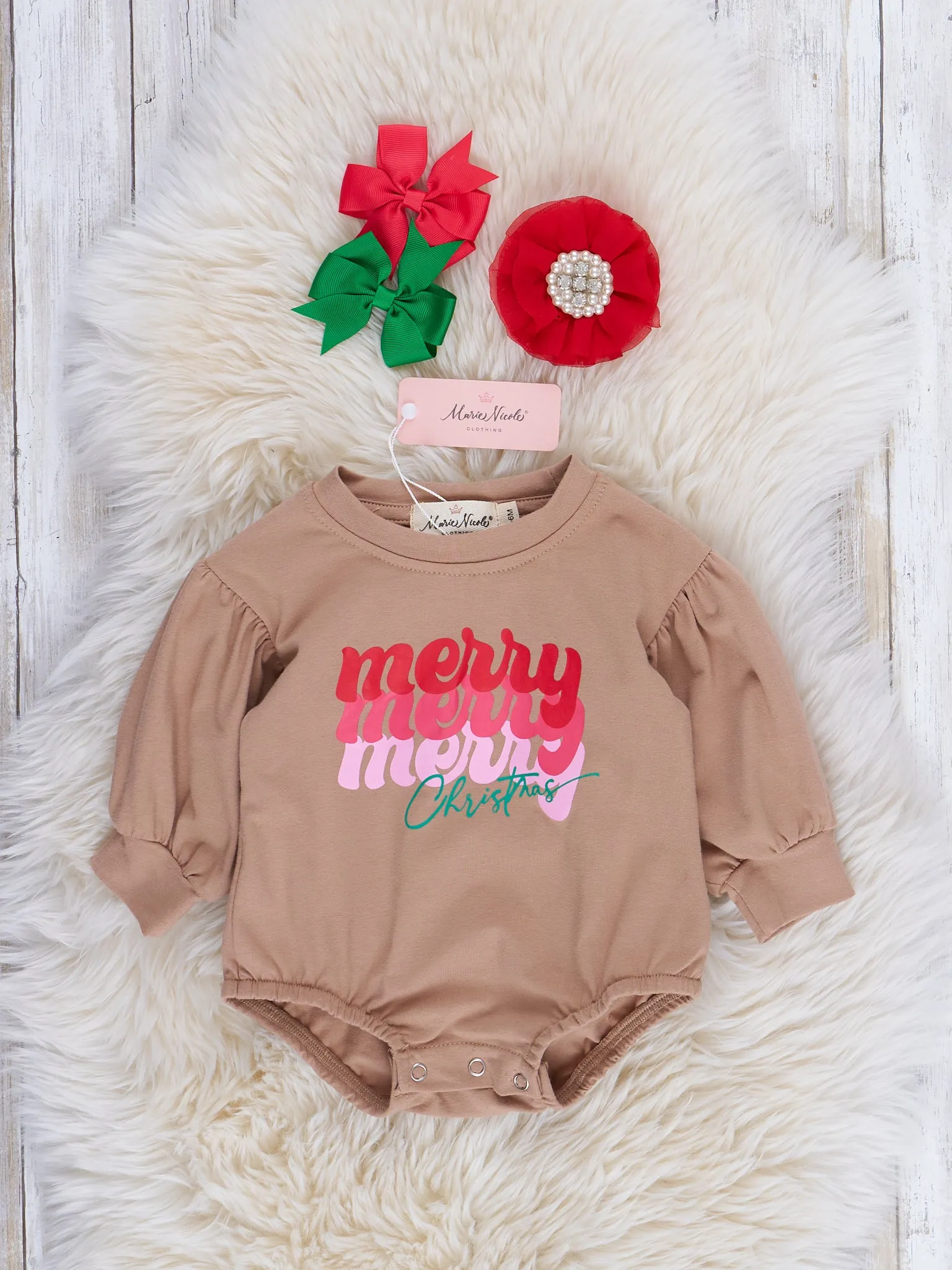 Beige "Merry Christmas" Puff Sleeve Romper