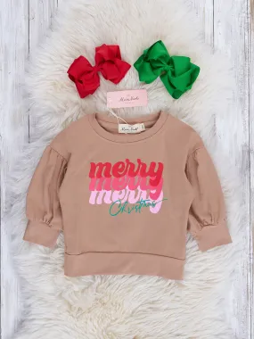 Beige "Merry Christmas" Puff Sleeve Shirt