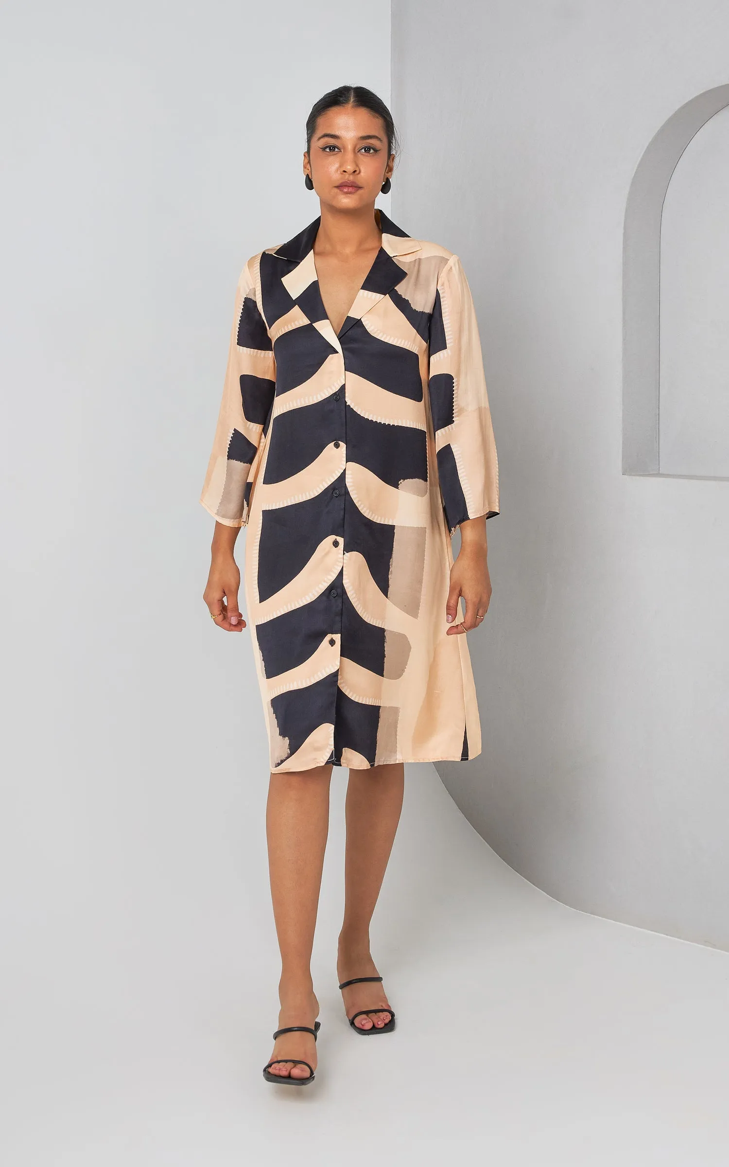 Black and Beige Abstract Print Shirt Dress