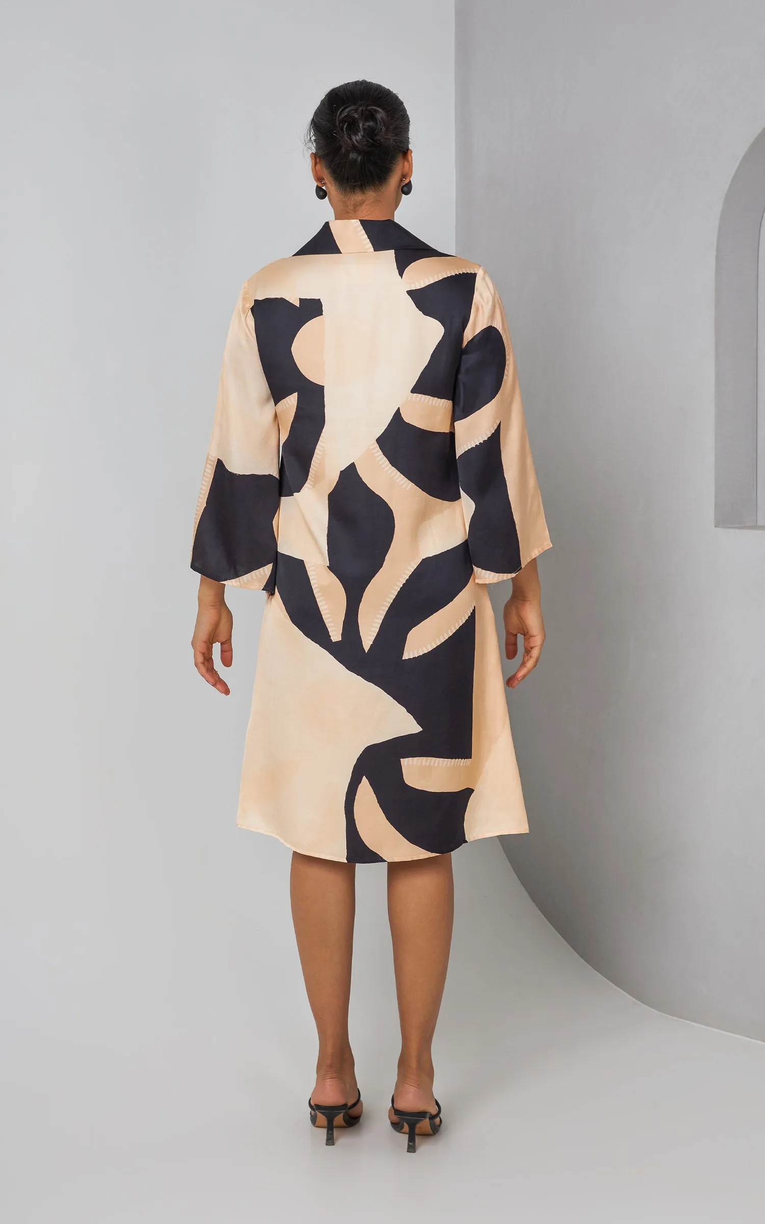 Black and Beige Abstract Print Shirt Dress