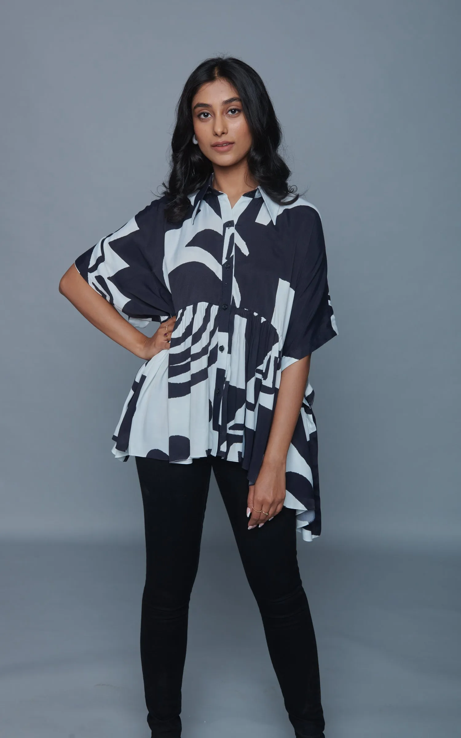 Black and White Abstract Printed Gathered Shirt