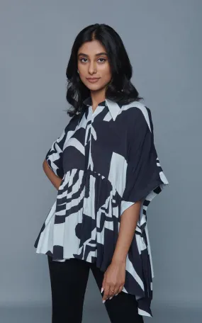 Black and White Abstract Printed Gathered Shirt