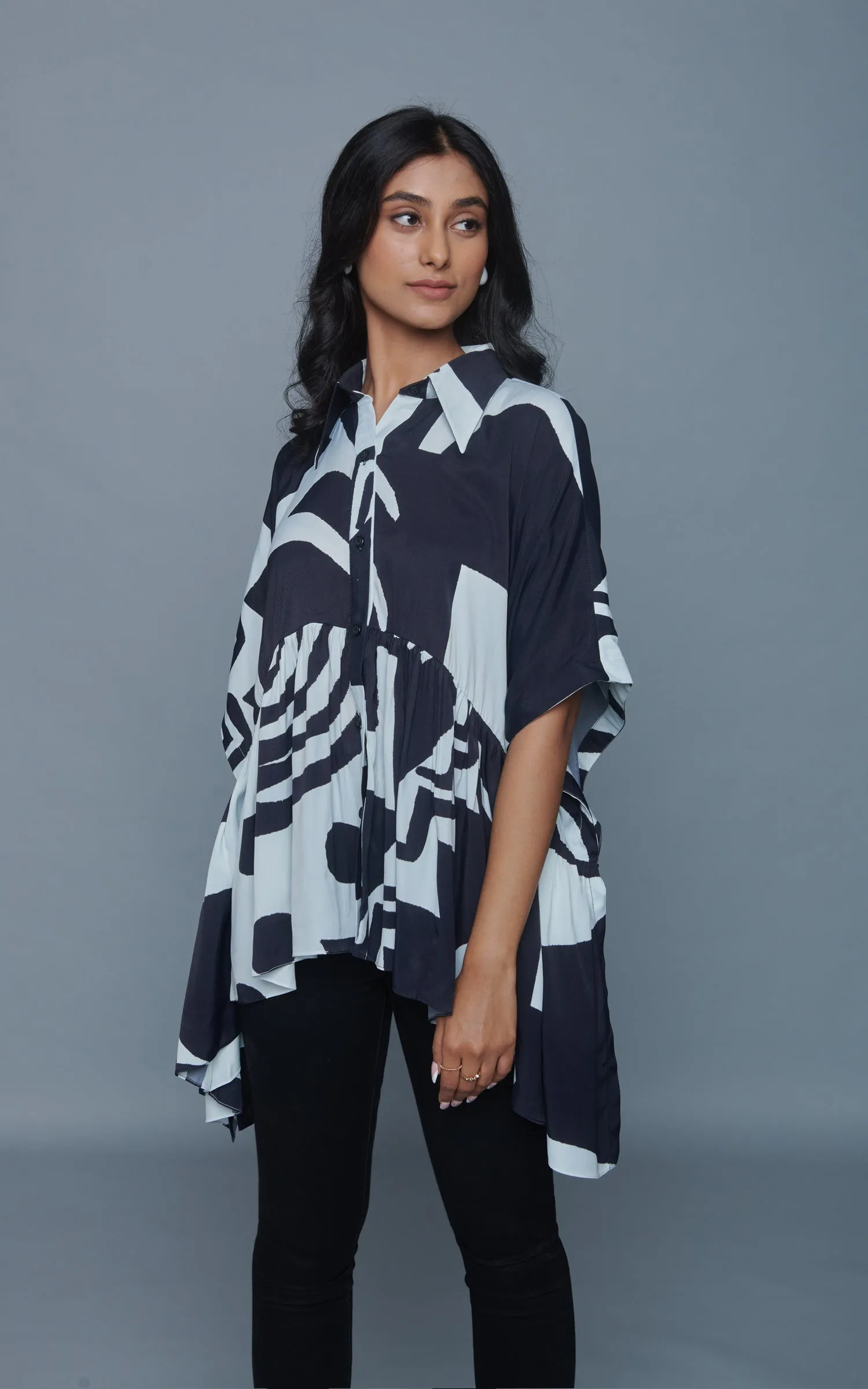 Black and White Abstract Printed Gathered Shirt