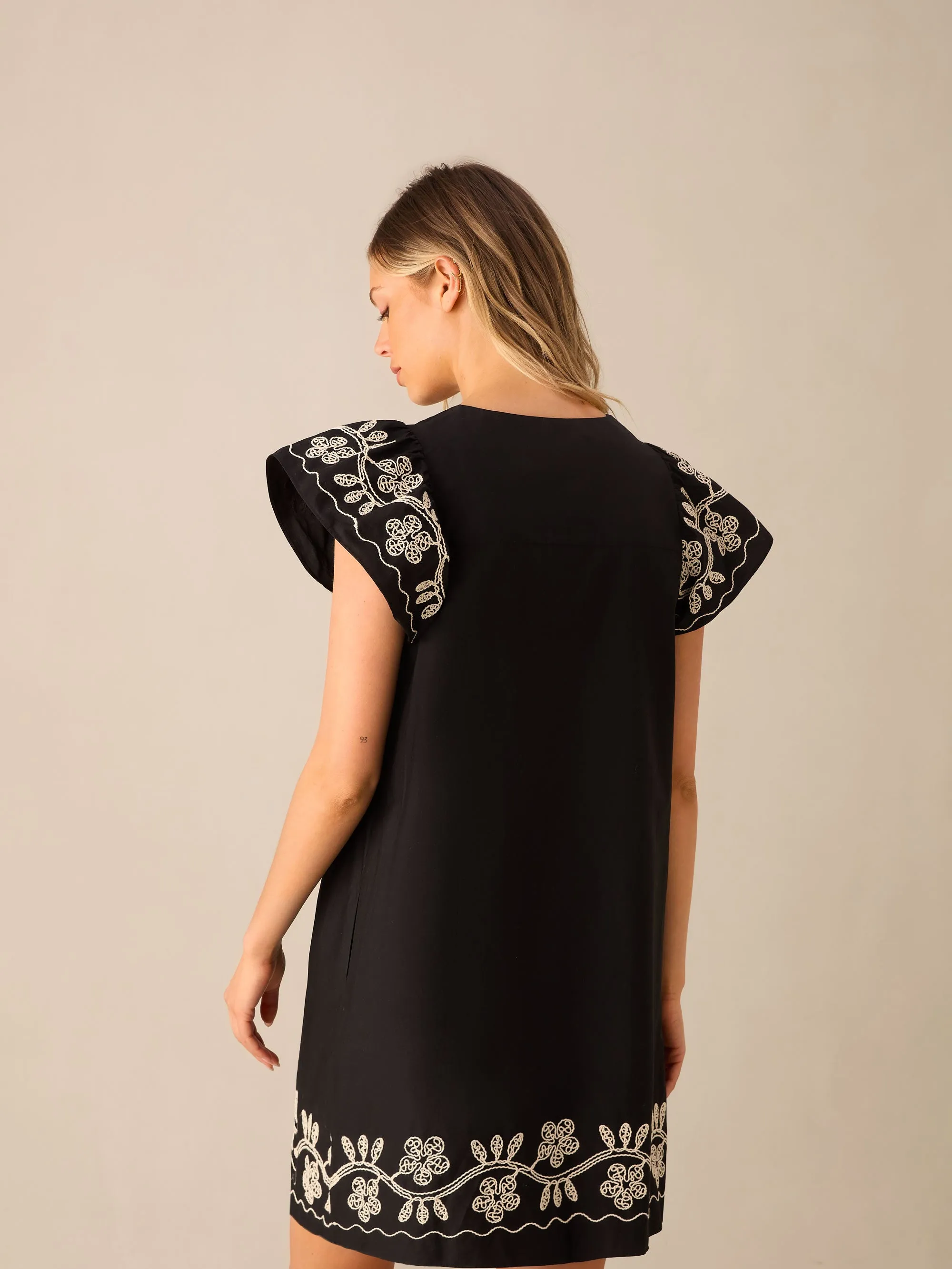 Black Embroidered Frill Short Dress