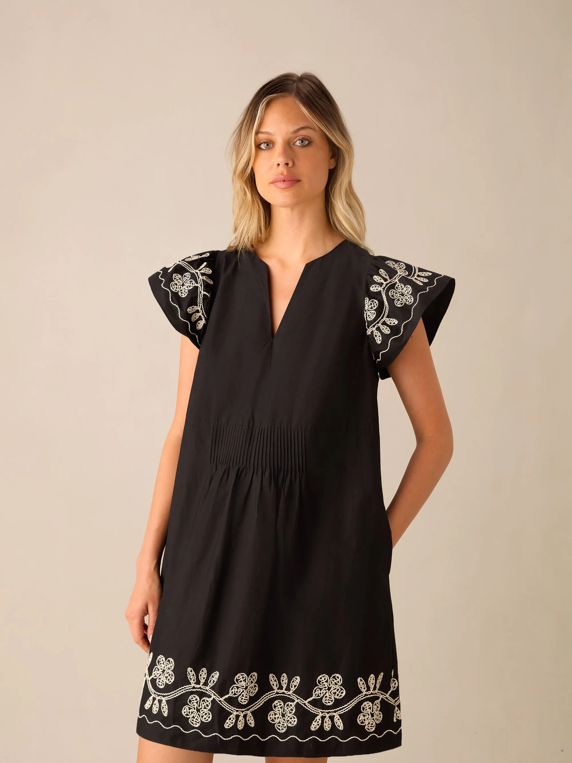 Black Embroidered Frill Short Dress