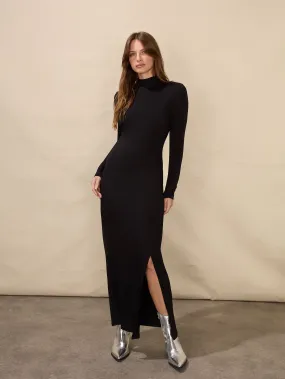 Black High Neck Split Leg Jersey Dress