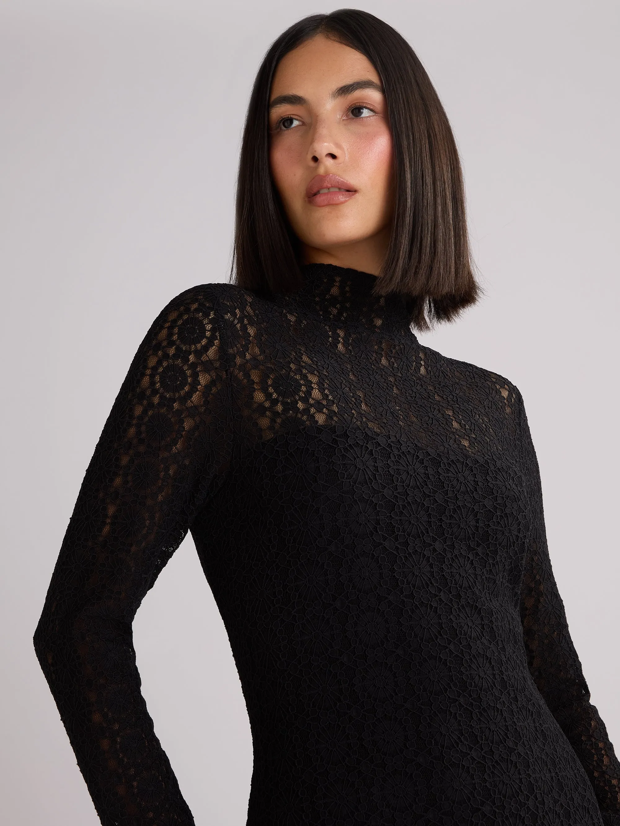 Black Lace High Neck Midi Dress