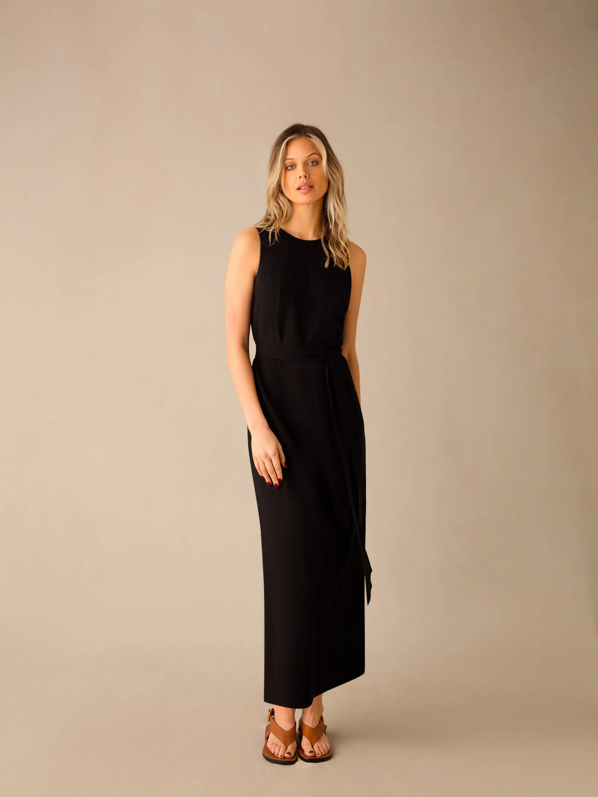 Black Linen-blend Tie Waist Column Midi Dress