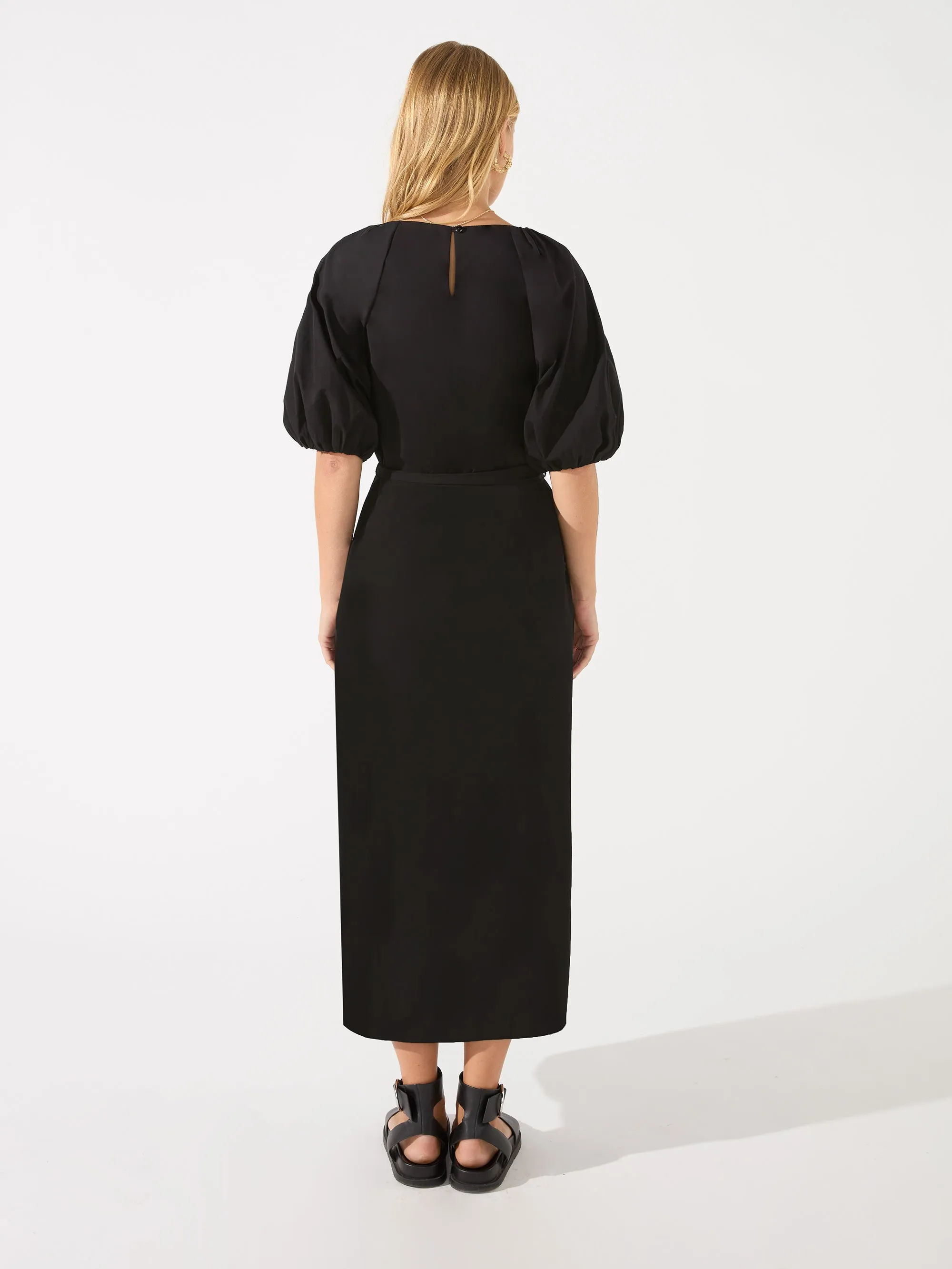 Black Puff Sleeve Tie Waist Sleeve Midi Dress