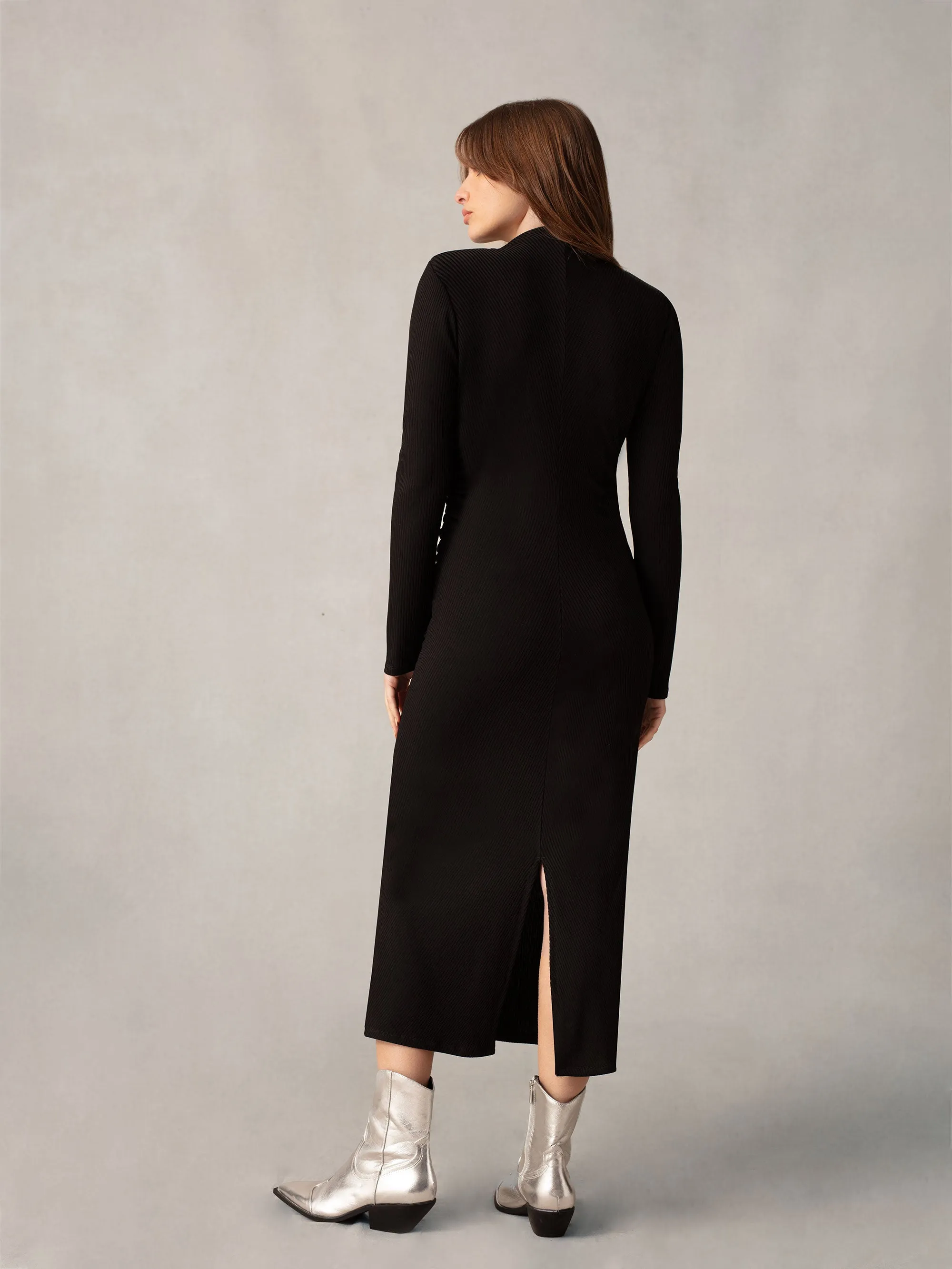 Black Ribbed Jersey Gathered Dress