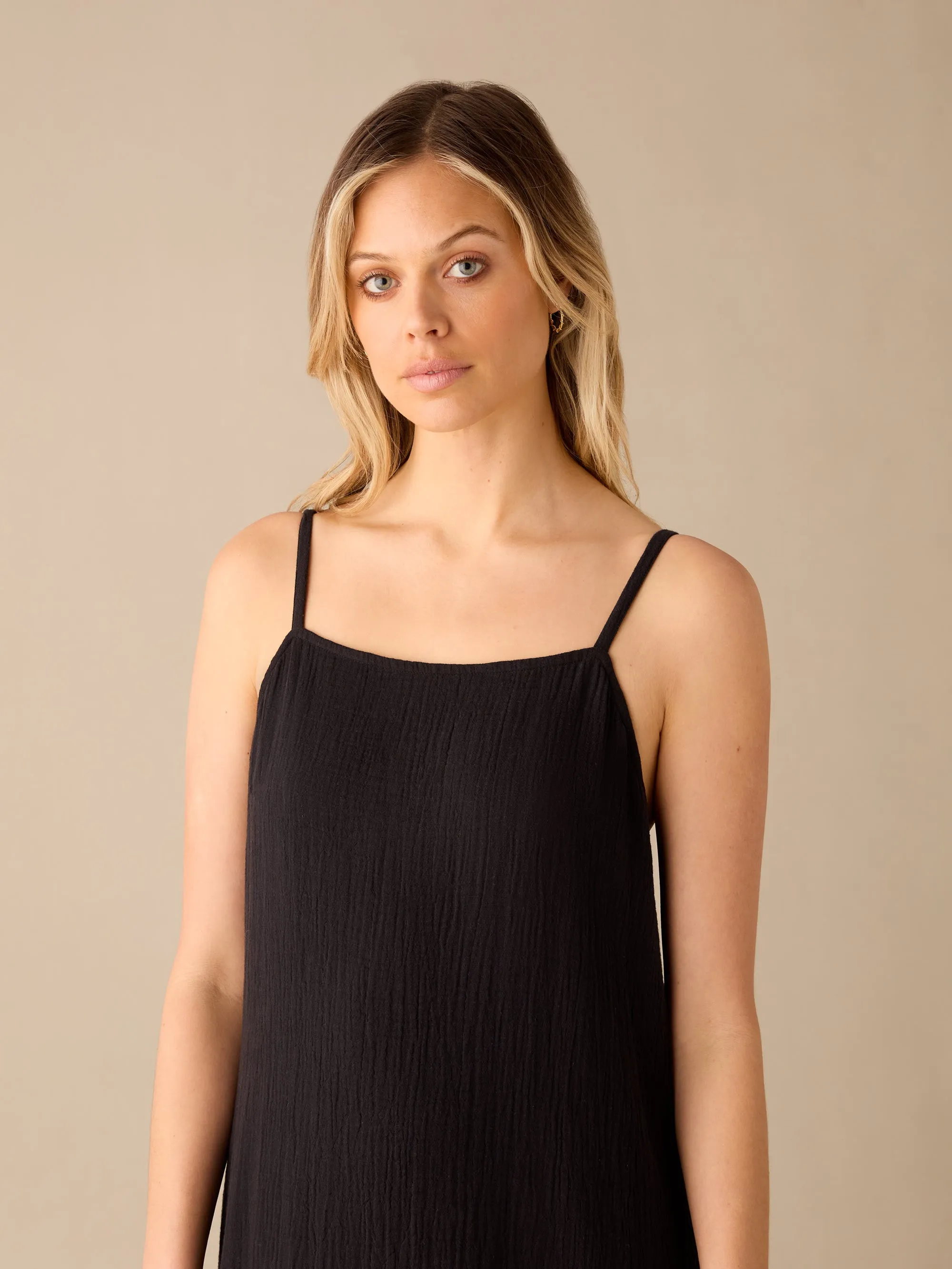 Black Tiered Hem Strappy Cheesecloth Dress