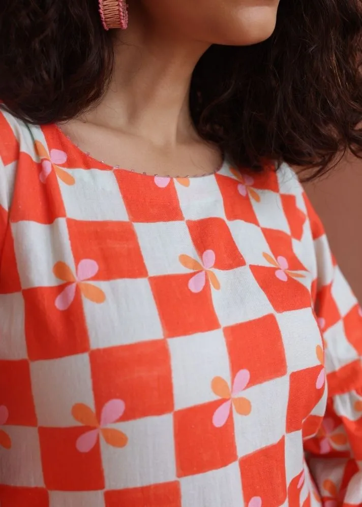 Blossom Kurta- Peach Checks