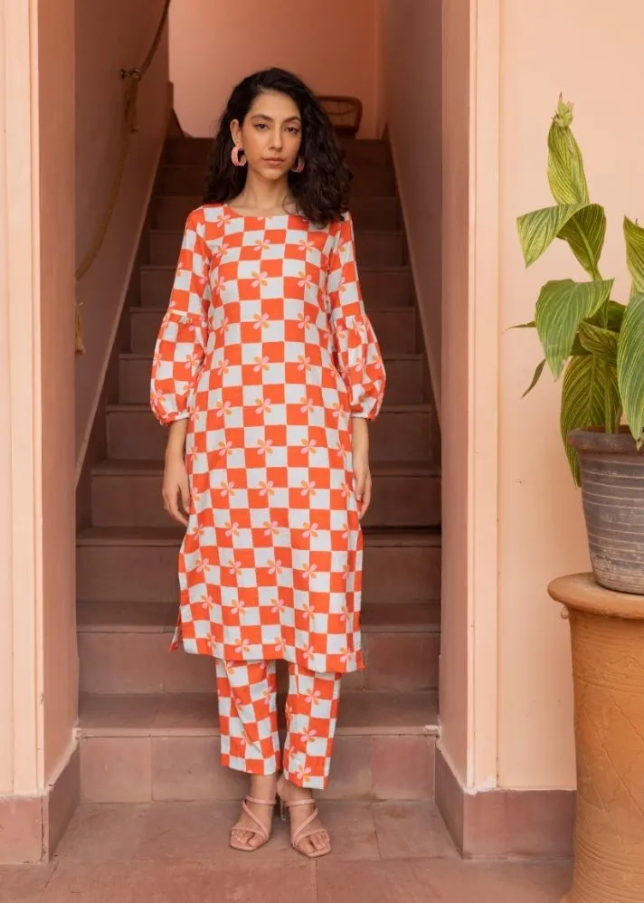 Blossom Kurta- Peach Checks