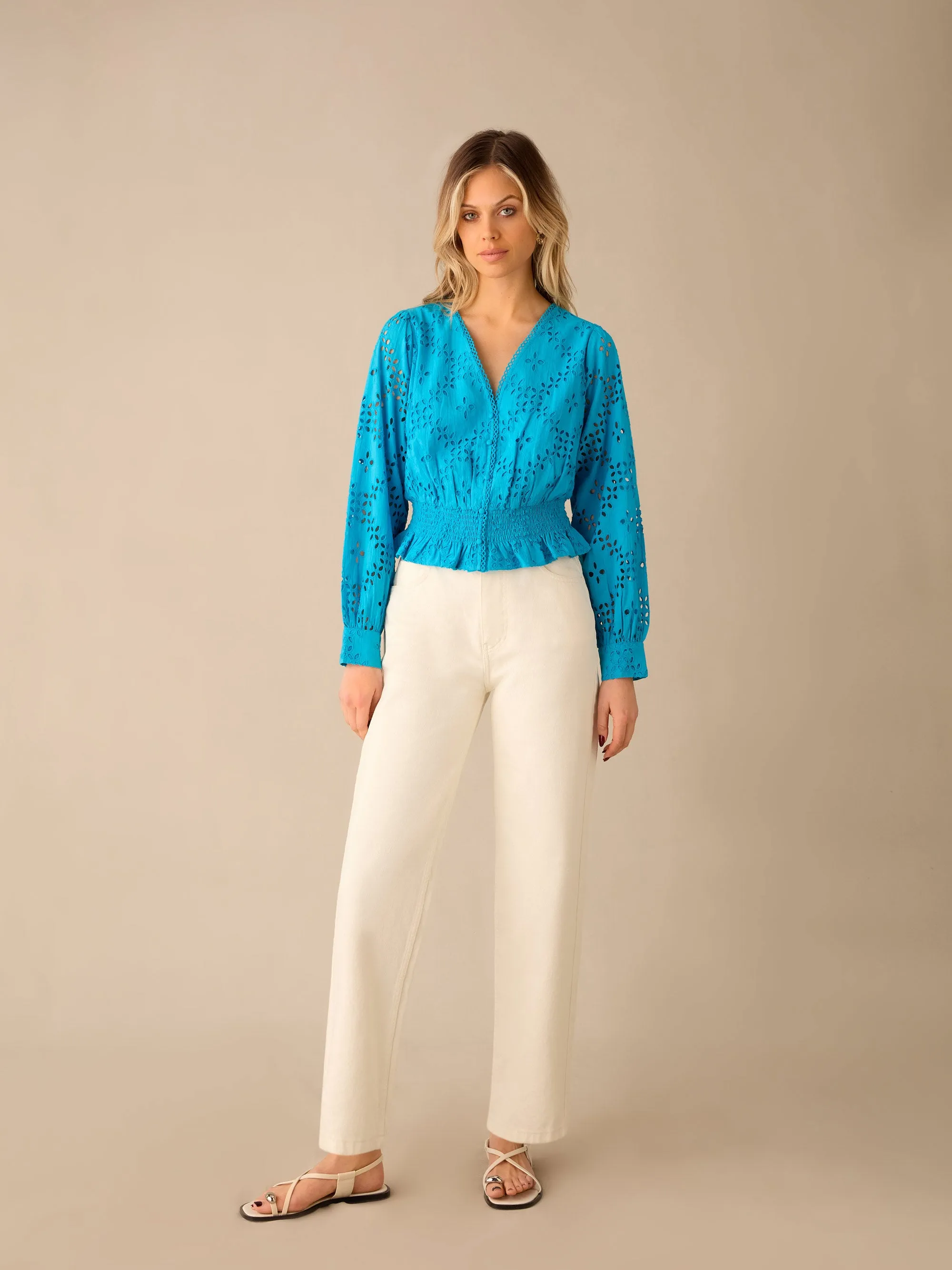 Blue Broderie Shirred Waist Top